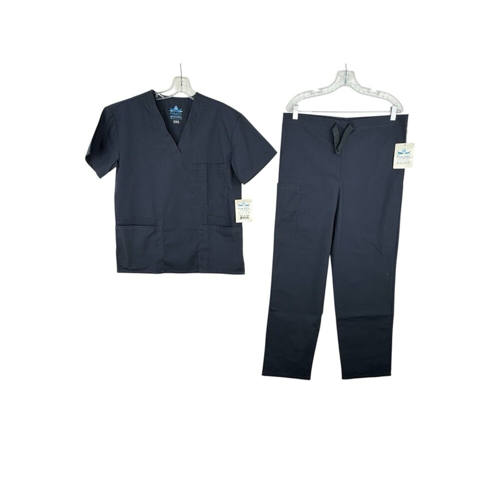 NWT 2 pc set Mazel Uniforms By ScrubCo Navy Blue Solid Scrub XXS Top & Pants
